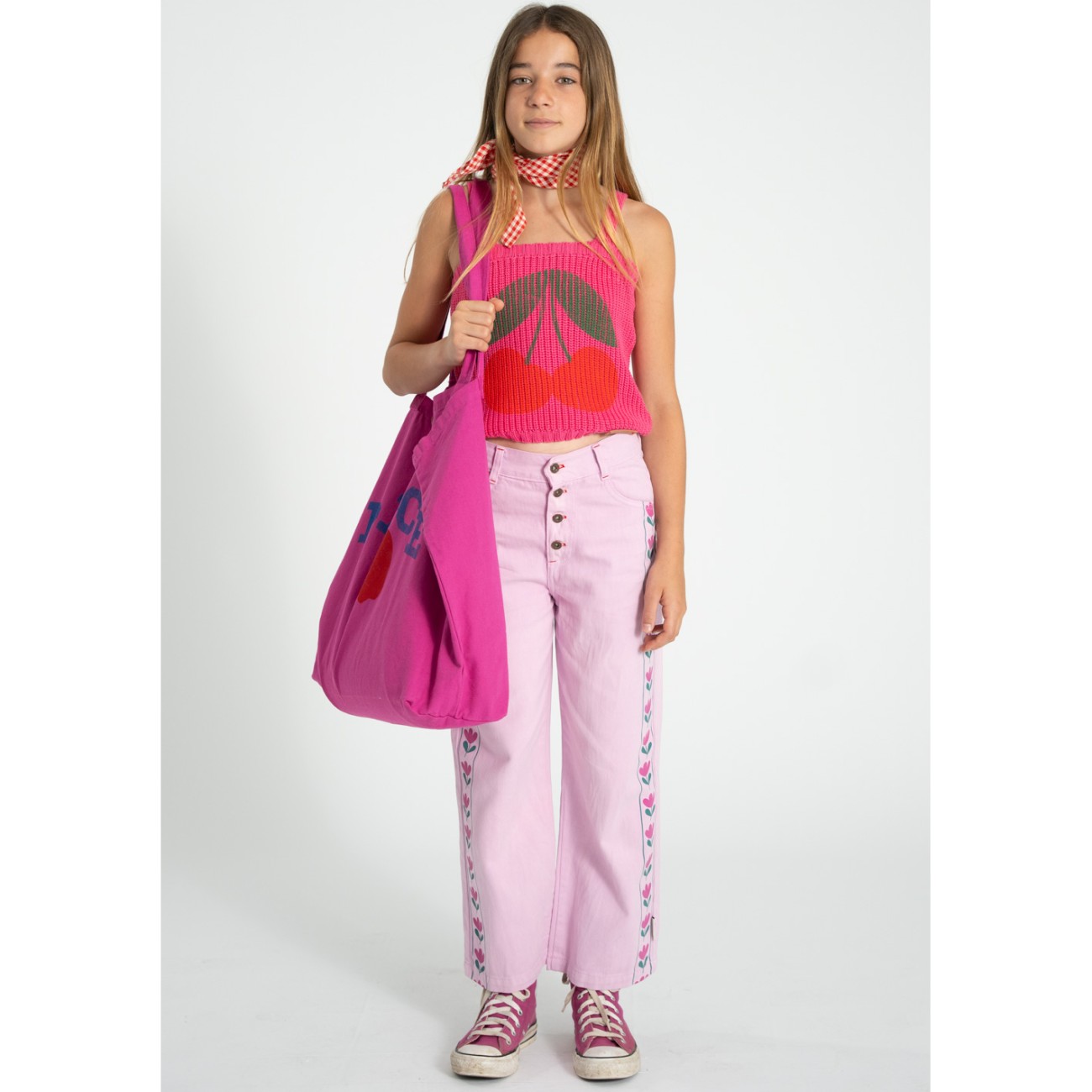 Knitted Top W/ Straps Pink W/ Cherry Print