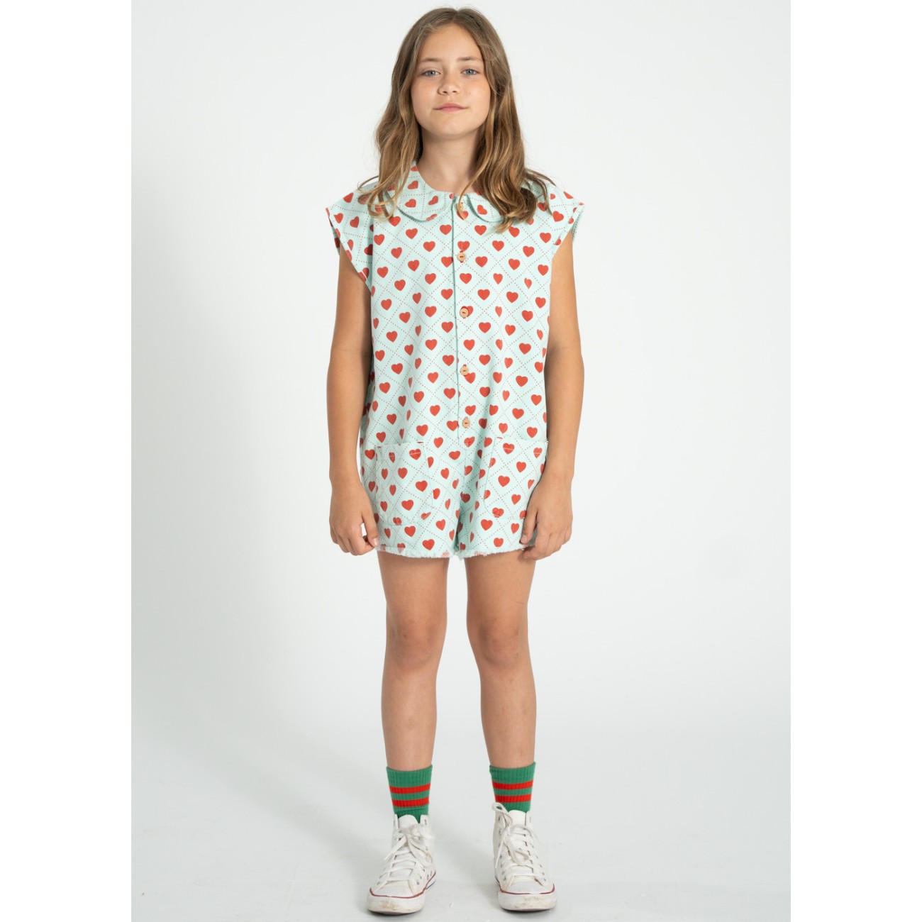 Short Sleeveless Jumpsuit Light Blue W/ Red Hearts Allover