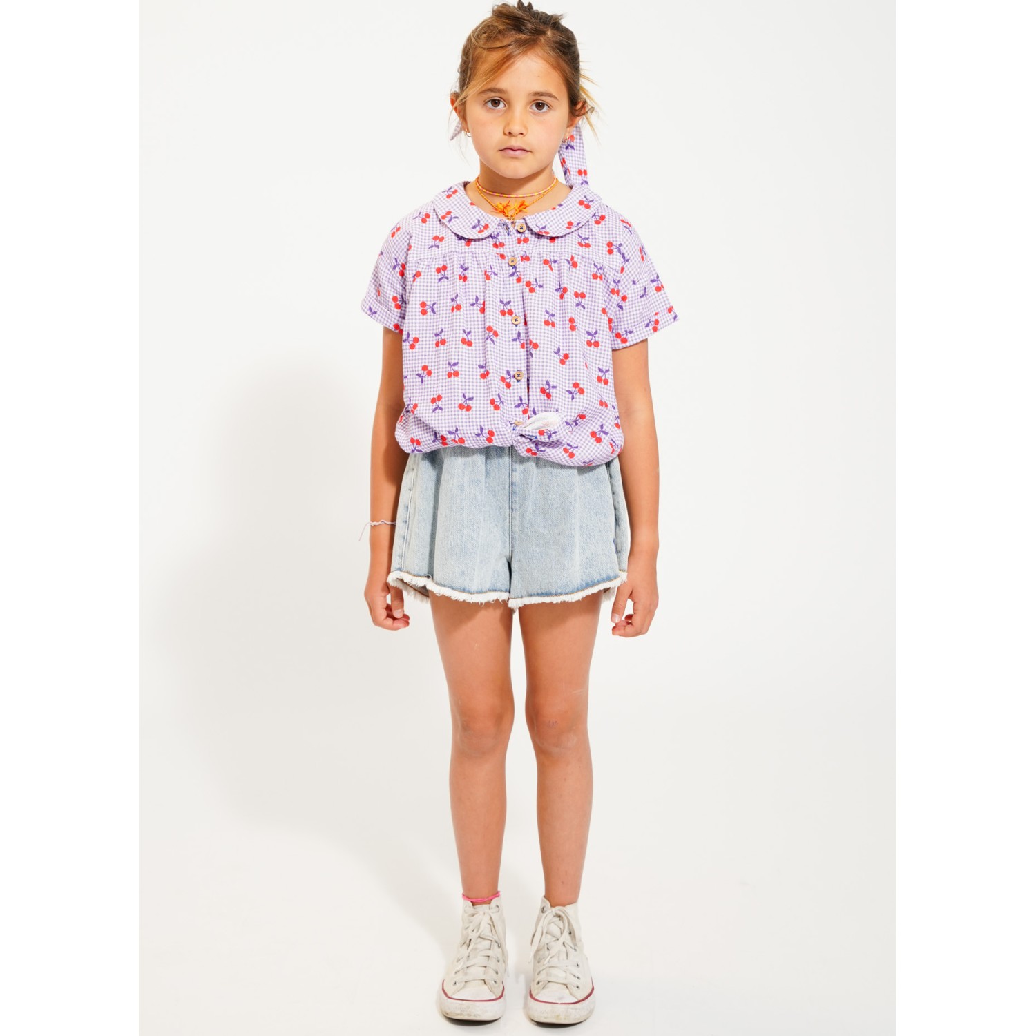 Peter Pan Collar Shirt | Purple & White Checkered W/ Cherries