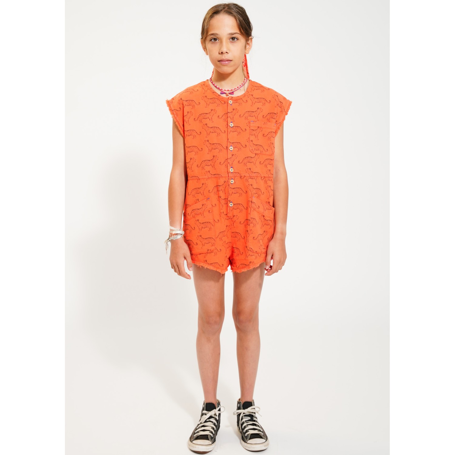 Short Sleeveless Jumpsuit | Orange W/ Black Tigers