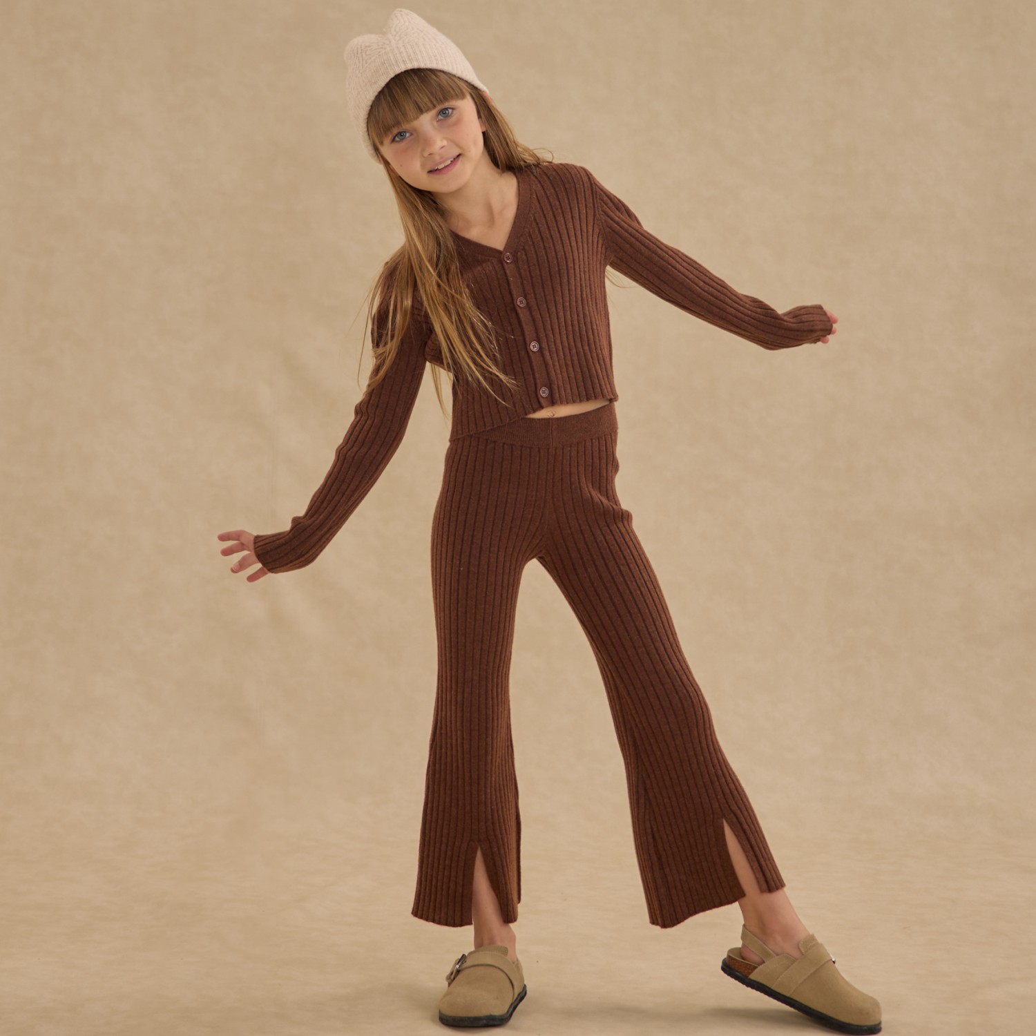 Long Sleeve Knit Button Top & Flare Knit Pant Brown