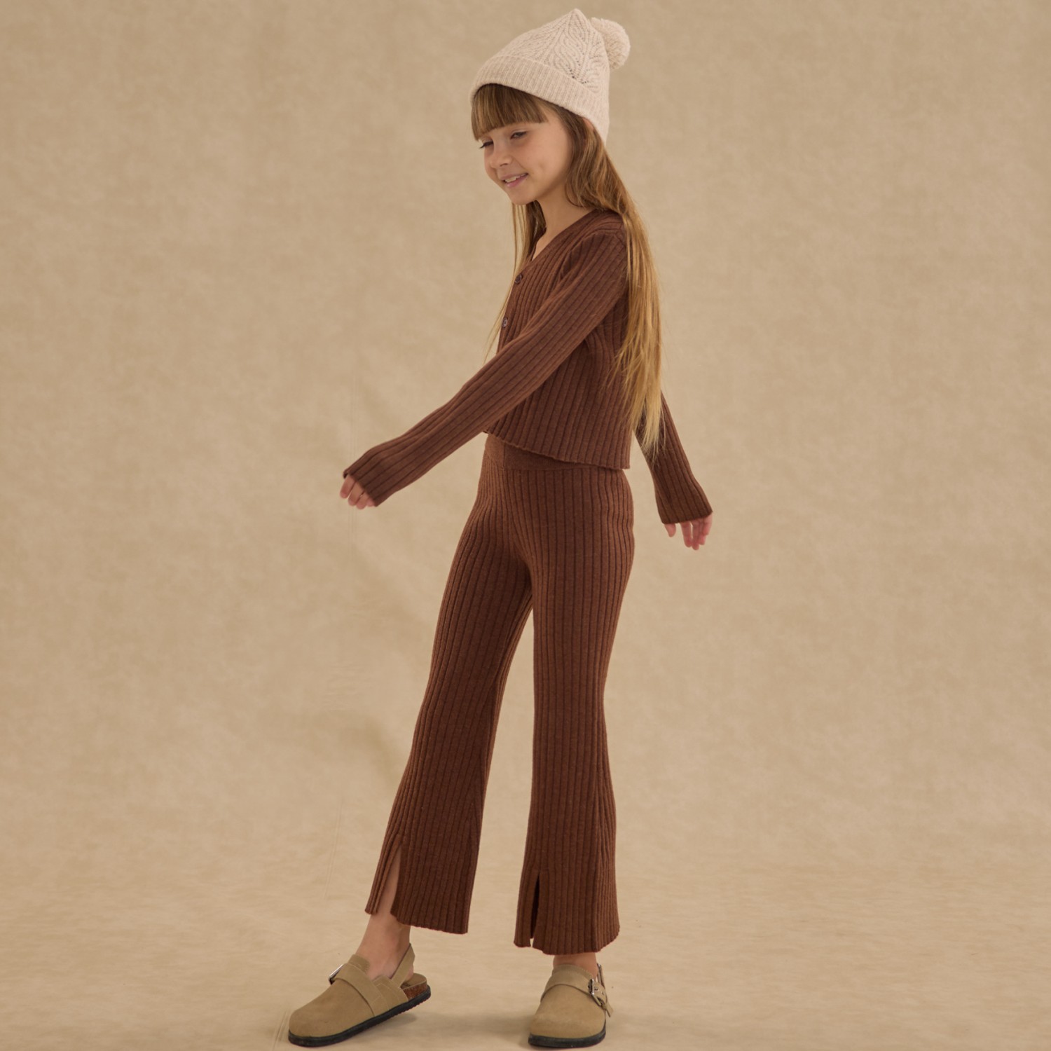 Long Sleeve Knit Button Top & Flare Knit Pant Dusty Blue