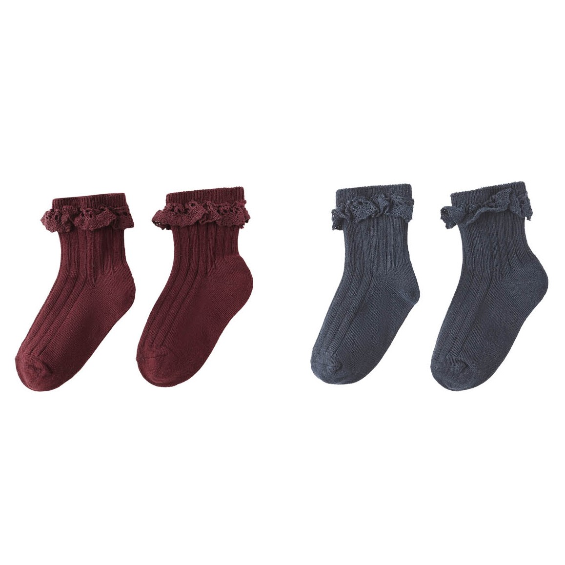 Lace Trim Socks, 2-pack Burgundy And Navy