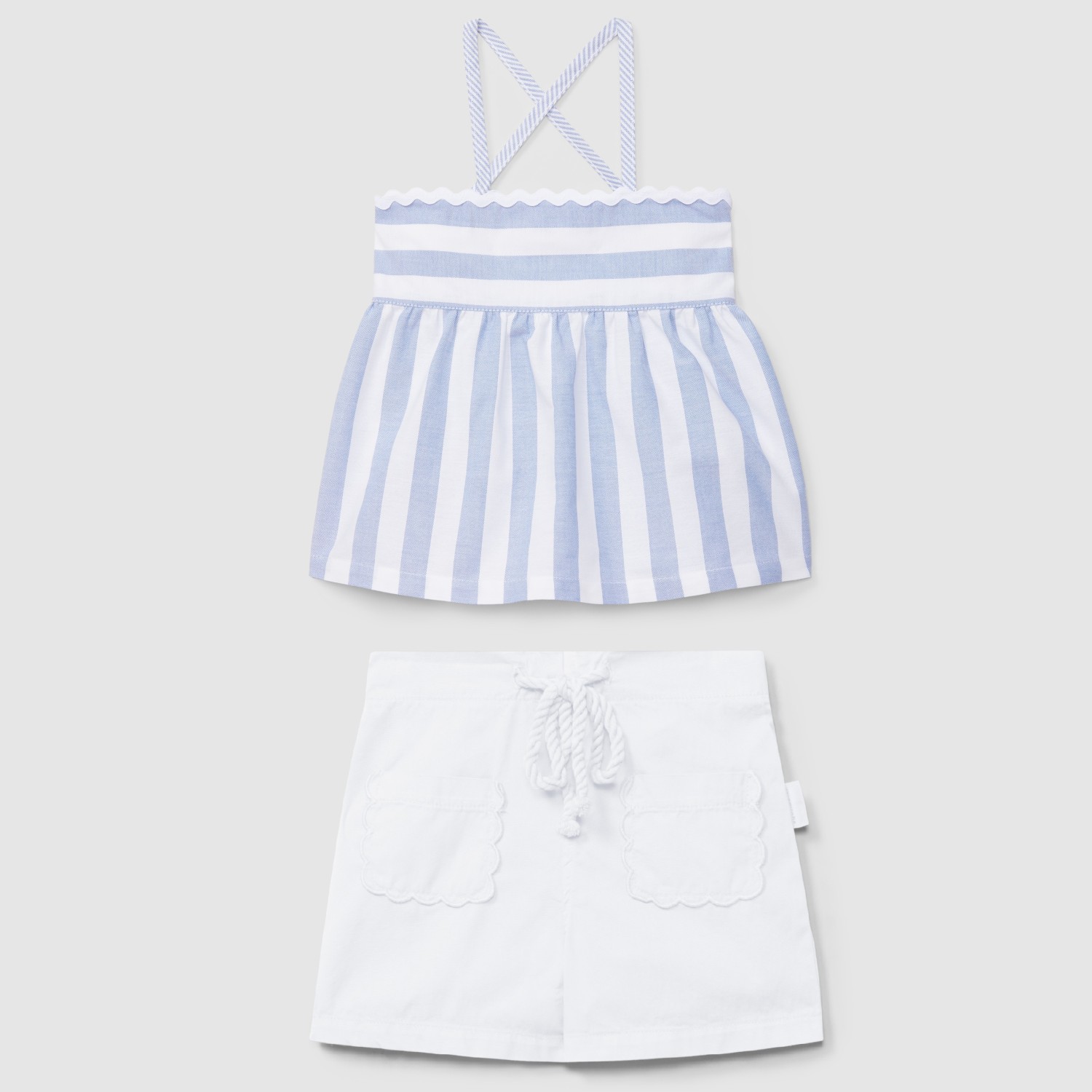 Striped Oxford Top & Plain Twill Shorts | Medium Blue/White
