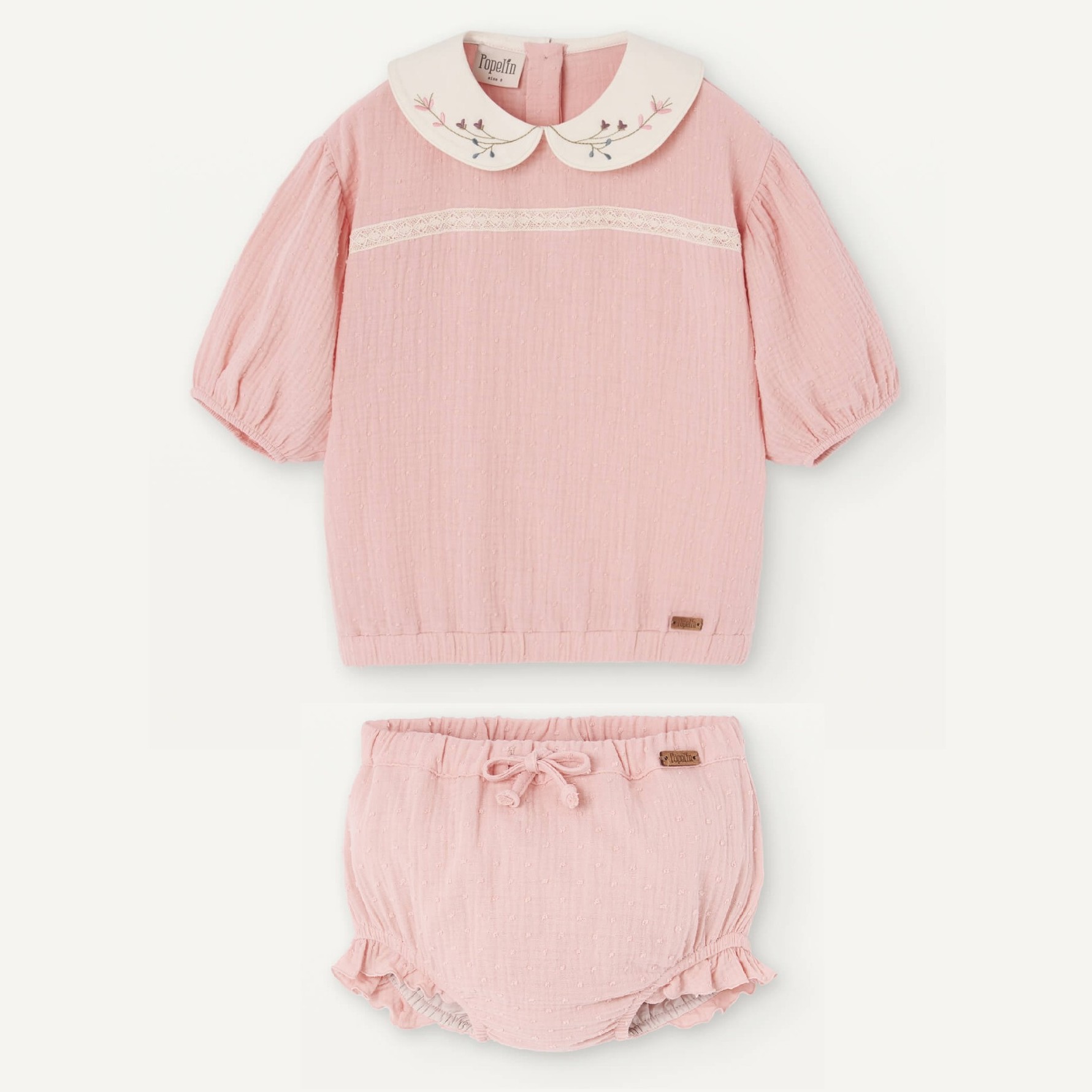 Blouse W/ Embroidered Neckline & Pink Plumeti Culotte