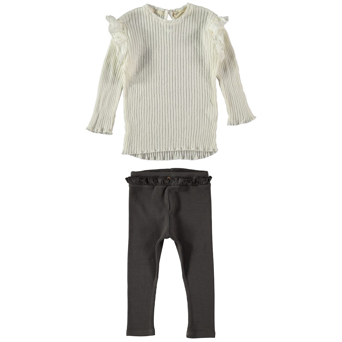 Ecru Ruffle Top & Anthracite Ribbed Leggings