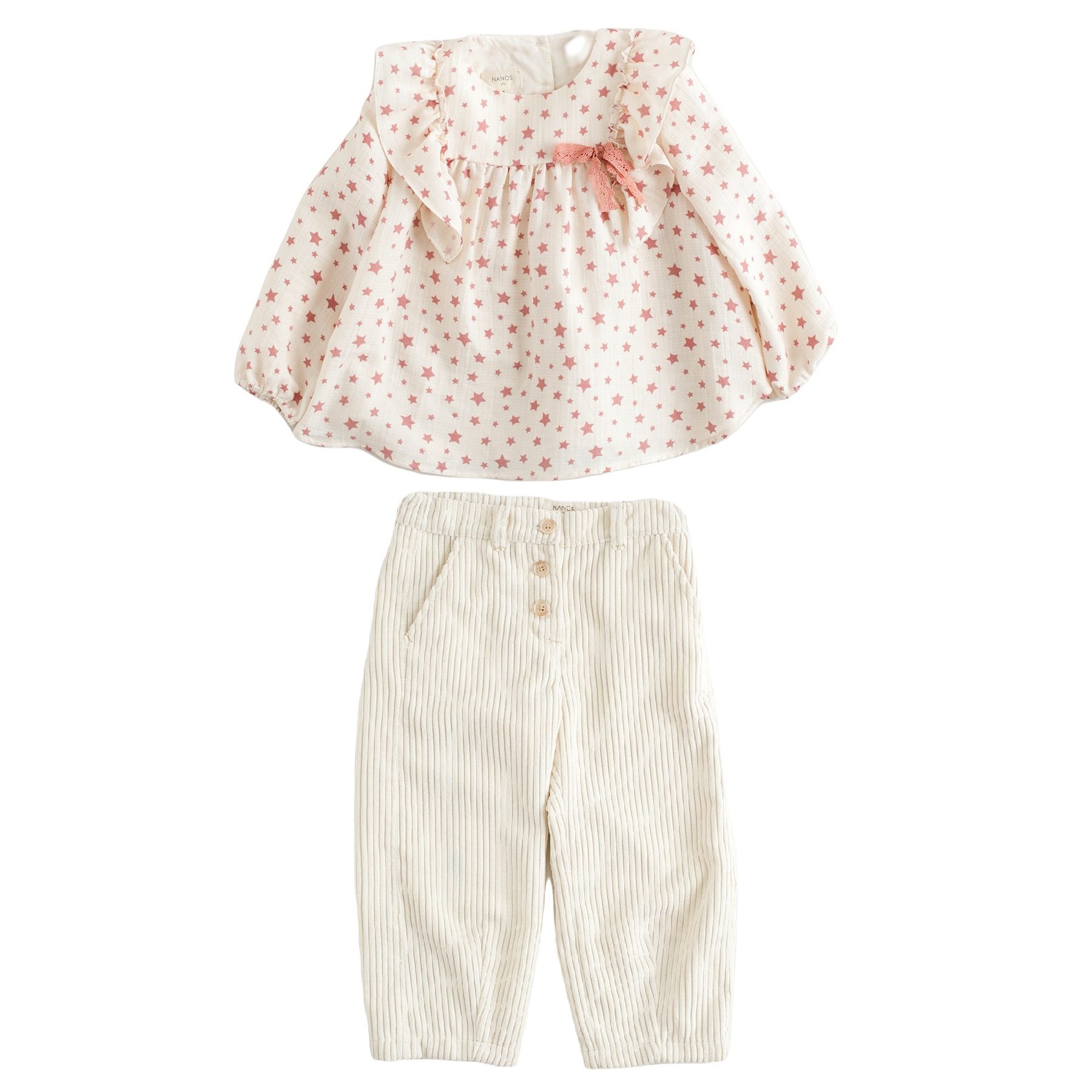 Pink Stars Blouse & Ecru Corduroy Baggy Pants