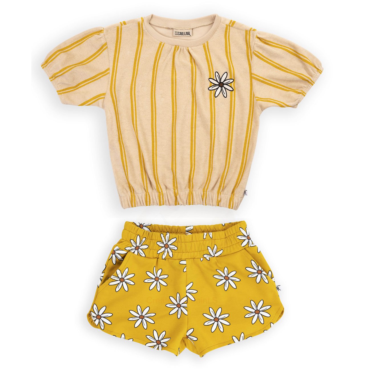 Stripes Yellow Puffed Sleeves Tee & Flower Short