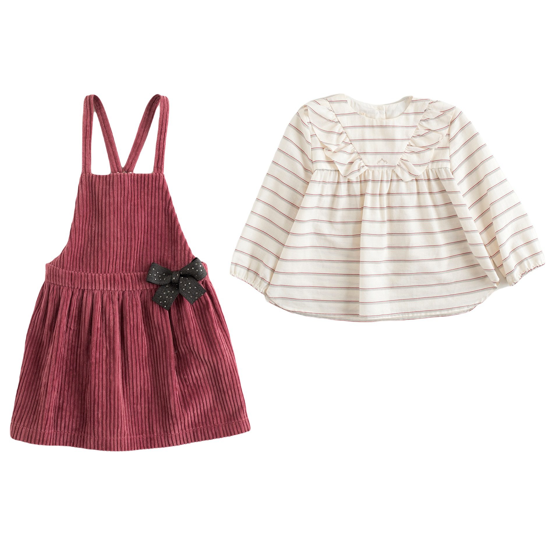 Red Ottoman Striped Blouse & Pink Corduroy Pinafore