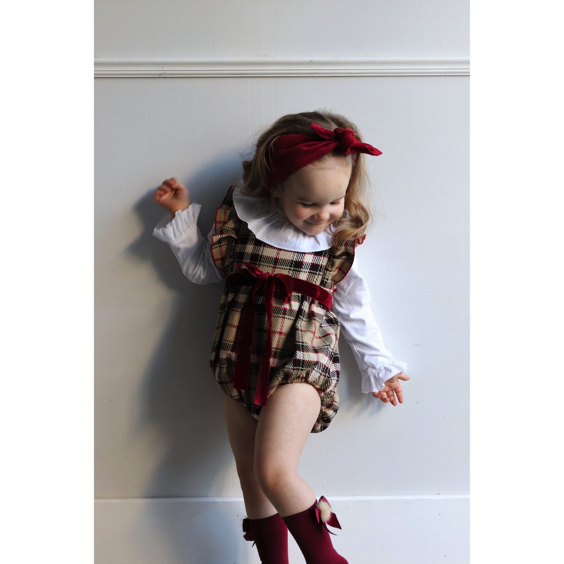 Beige & Bordeaux Check Frill Romper