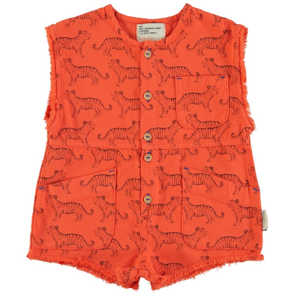 Short Sleeveless Jumpsuit | Orange W/ Black Tigers