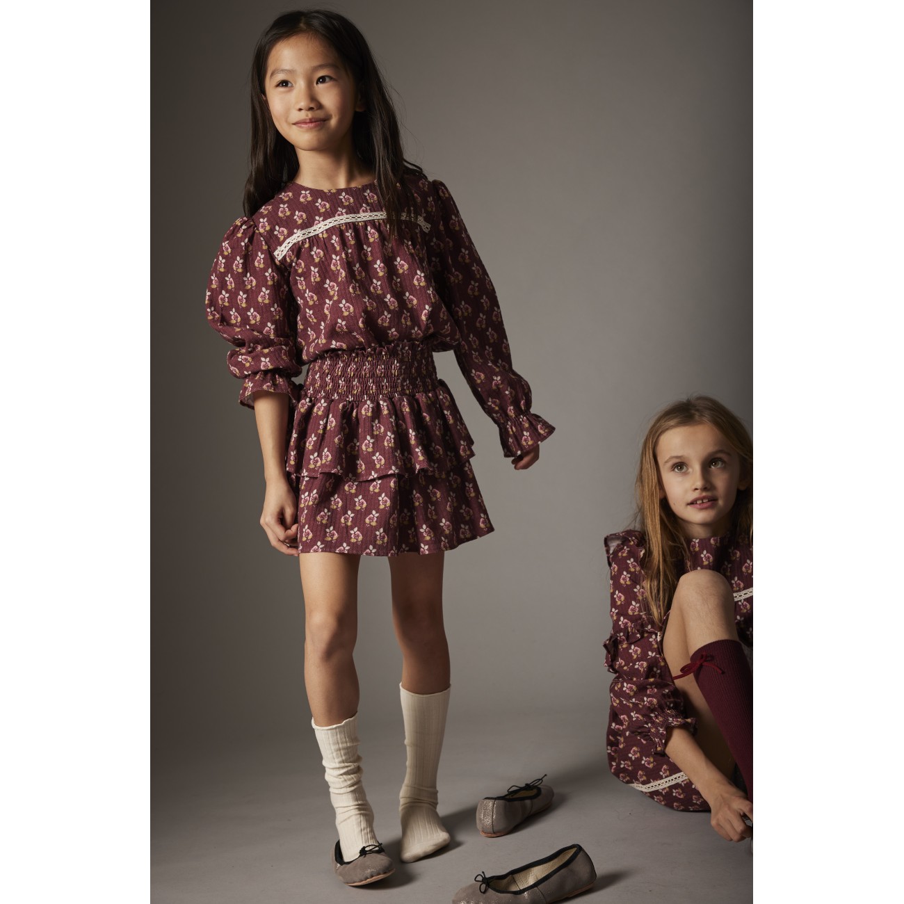 Bloom Textured Blouse & Skirt Burgundy