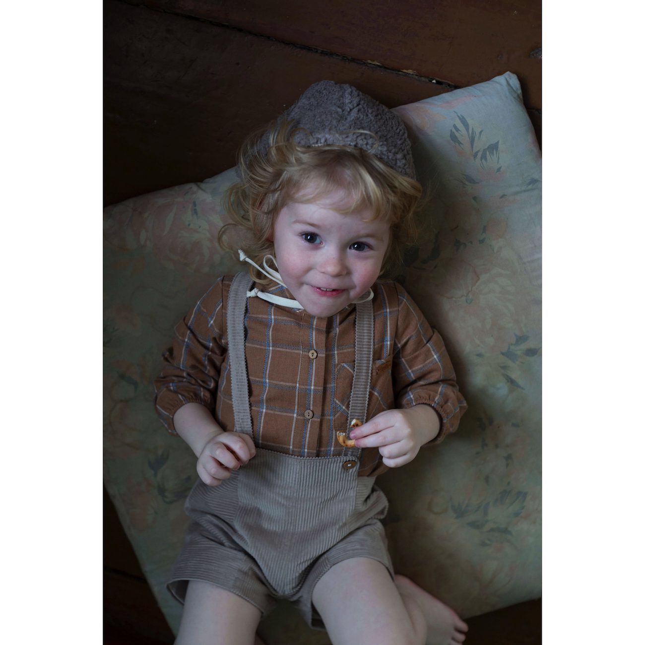 Taupe Plaid Shirt & Taupe Dungarees W/ Crossover Straps