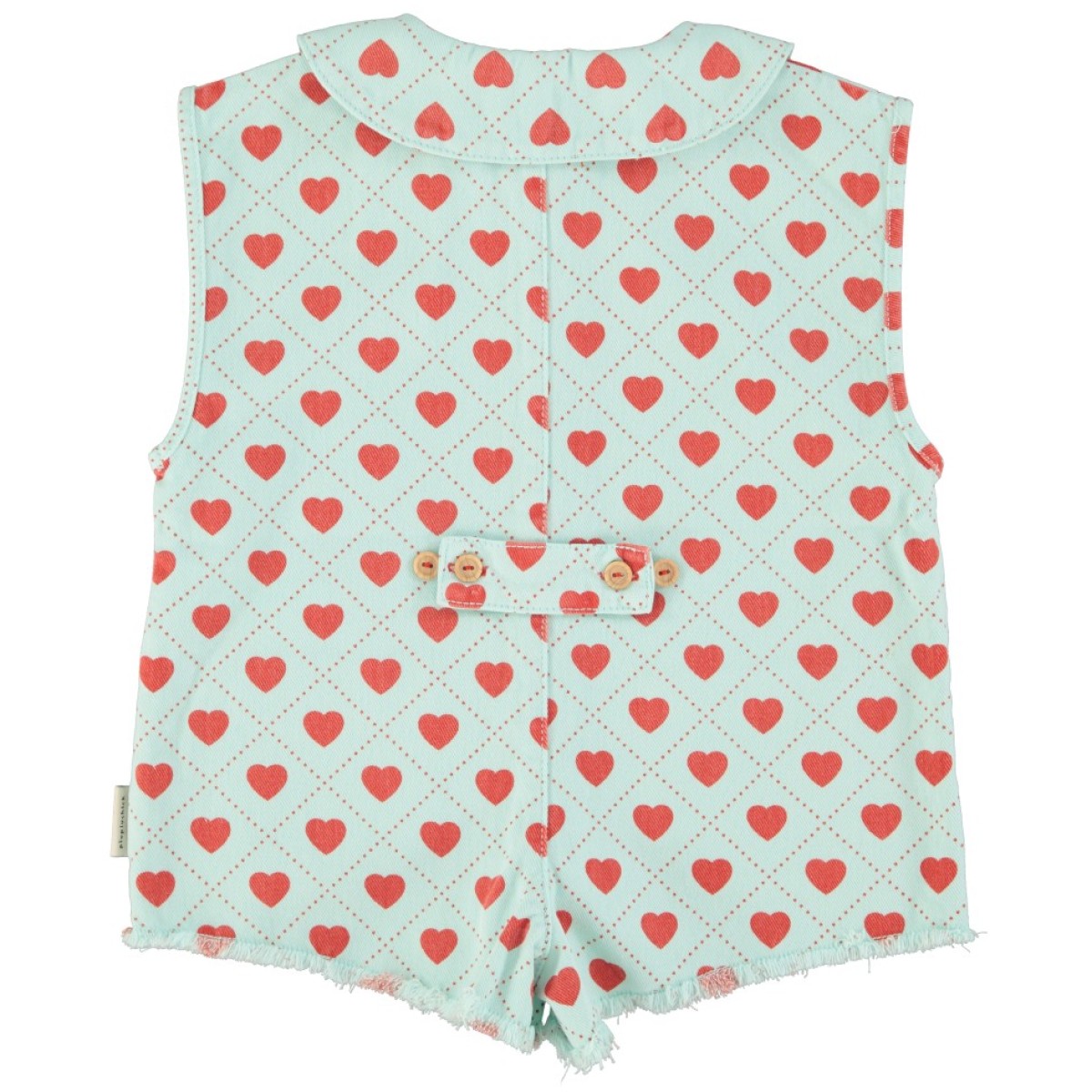 Short Sleeveless Jumpsuit Light Blue W/ Red Hearts Allover