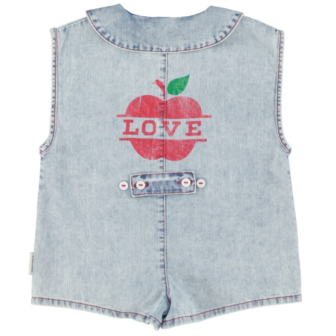 Short Sleeveless Jumpsuit Blue Light Denim W/ Apple Print