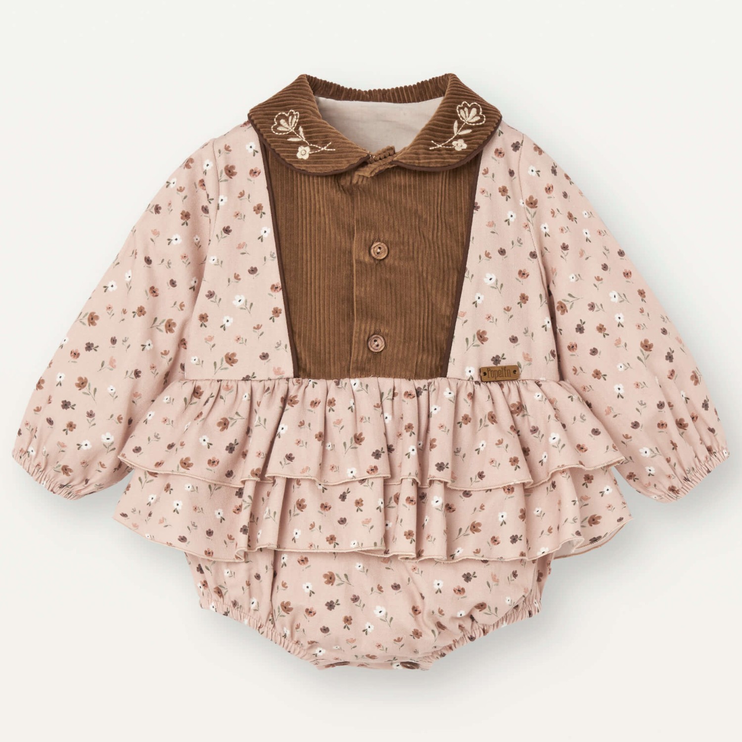 Pink Flower Print Romper Suit W/ Embroidered Collar