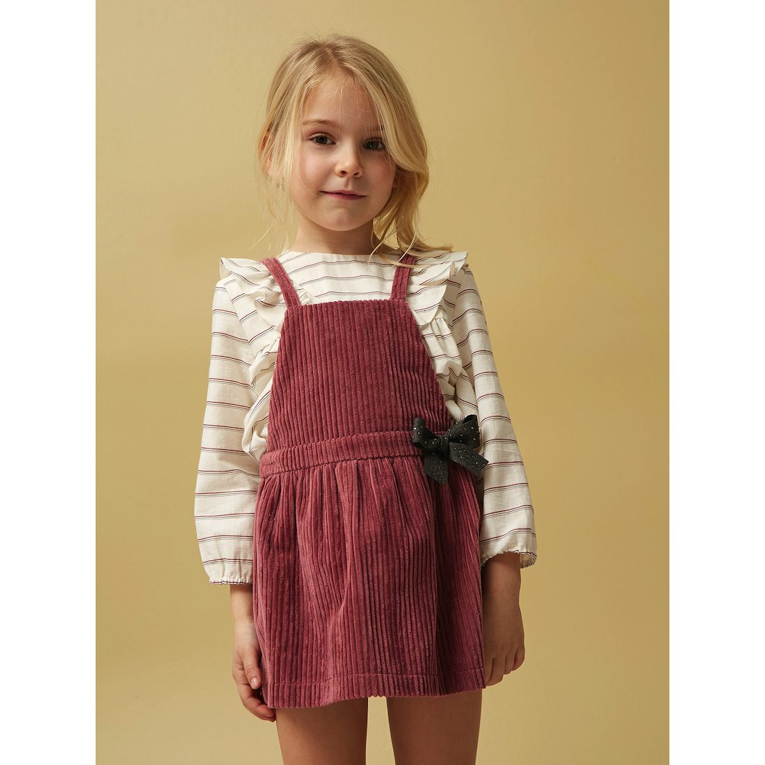Red Ottoman Striped Blouse & Pink Corduroy Pinafore