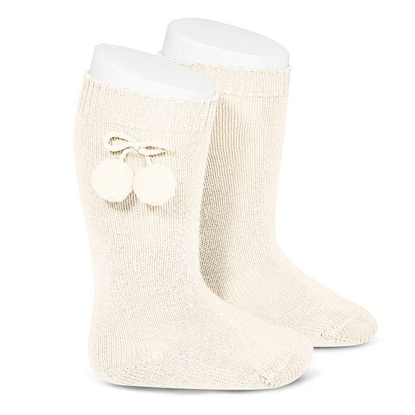 Pom Pom Knee High Socks | Beige
