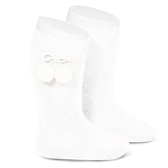 Pom Pom Knee High Socks | White