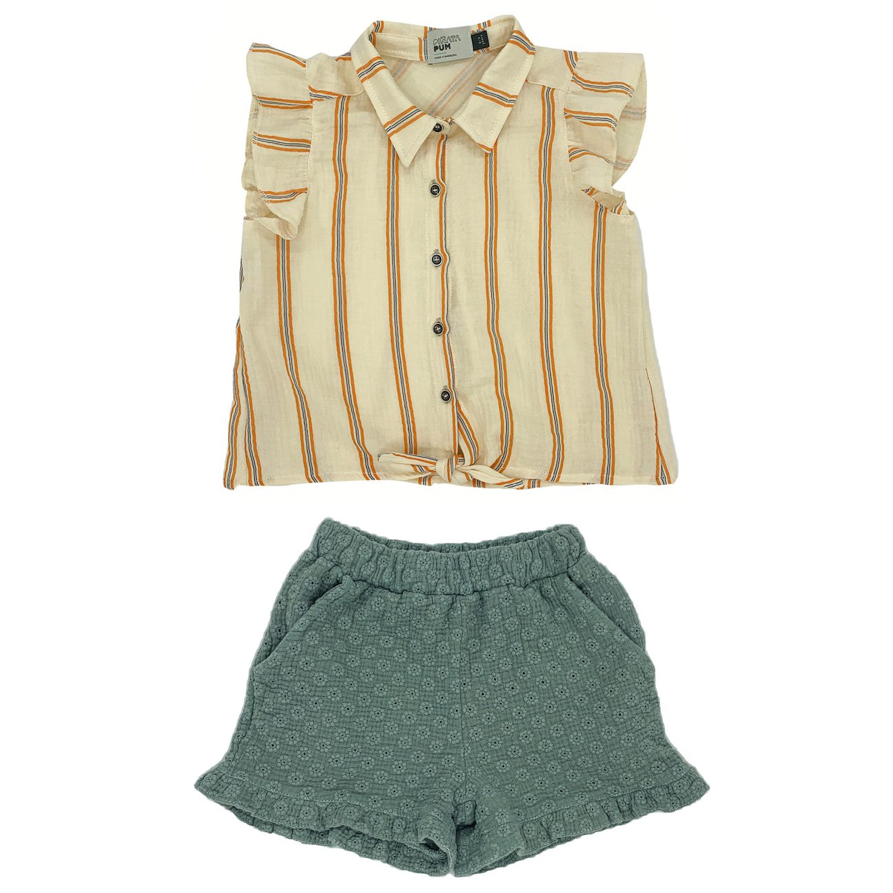 Flamingo Raw Stripes Blouse & Azucar Green Daises Shorts